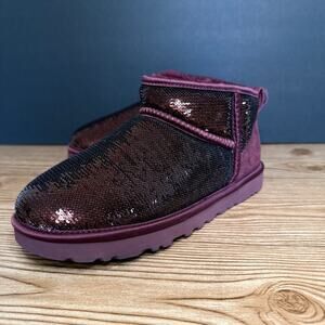 UGG Classic Ultra Mini Mirror Ball Booties Sz 7 Sequin Burgundy Cherry Maroon